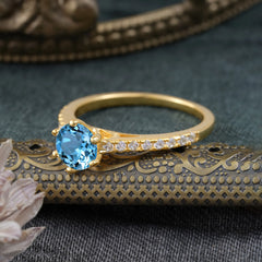 6-Prong Classic Round Cut Aquamarine Engagement Ring Pave Bridal Ring