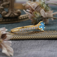 6-Prong Classic Round Cut Aquamarine Engagement Ring Pave Bridal Ring