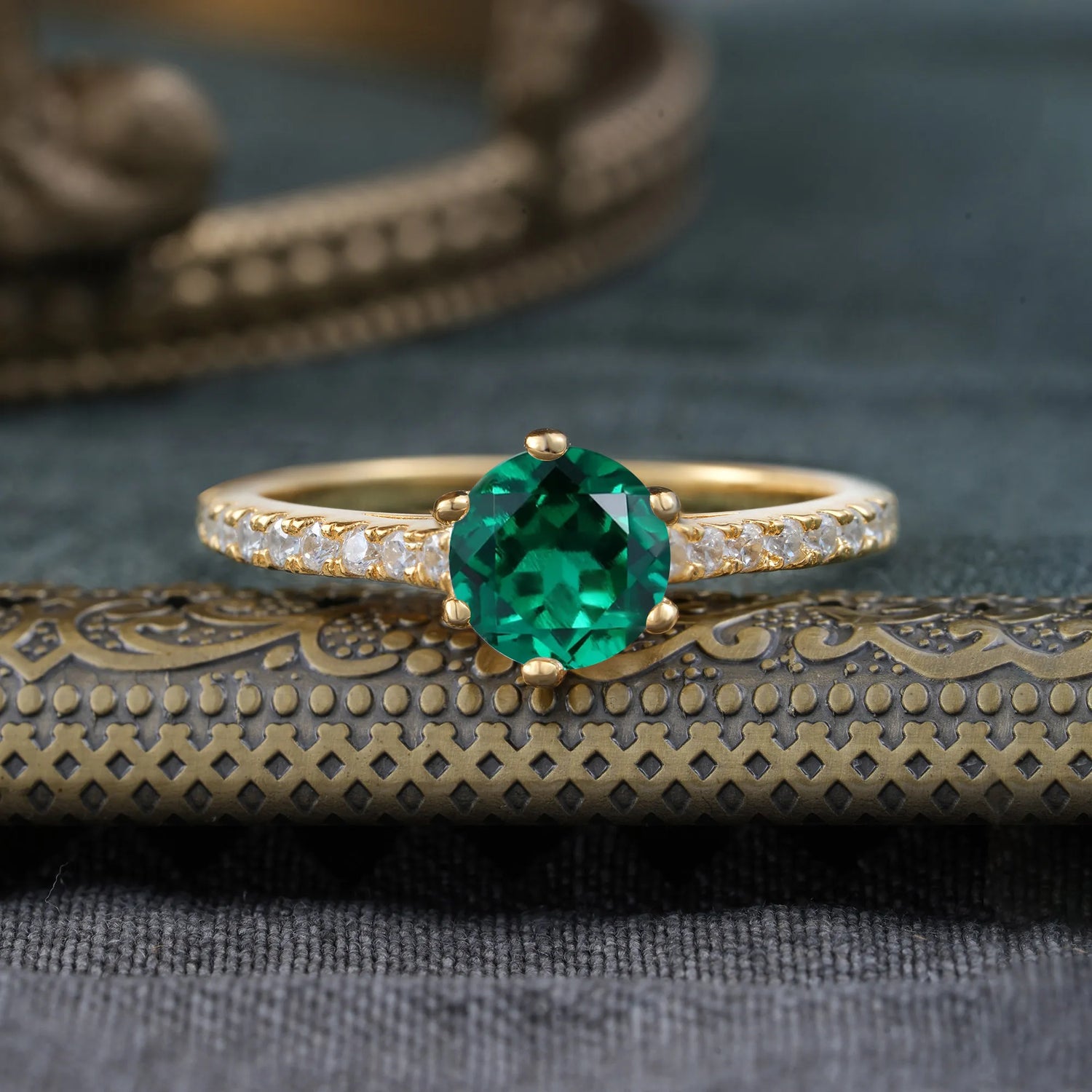 6-Prong Classic Round Cut Emerald Engagement Ring Pave Bridal Ring