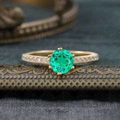 6-Prong Classic Round Cut Emerald Engagement Ring Pave Bridal Ring