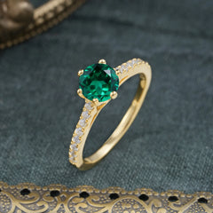 6-Prong Classic Round Cut Emerald Engagement Ring Pave Bridal Ring