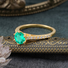 6-Prong Classic Round Cut Emerald Engagement Ring Pave Bridal Ring