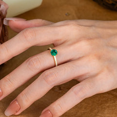 6-Prong Classic Round Cut Emerald Engagement Ring Pave Bridal Ring
