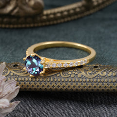 6-Prong Classic Round Cut Alexandrite Engagement Ring Pave Bridal Ring