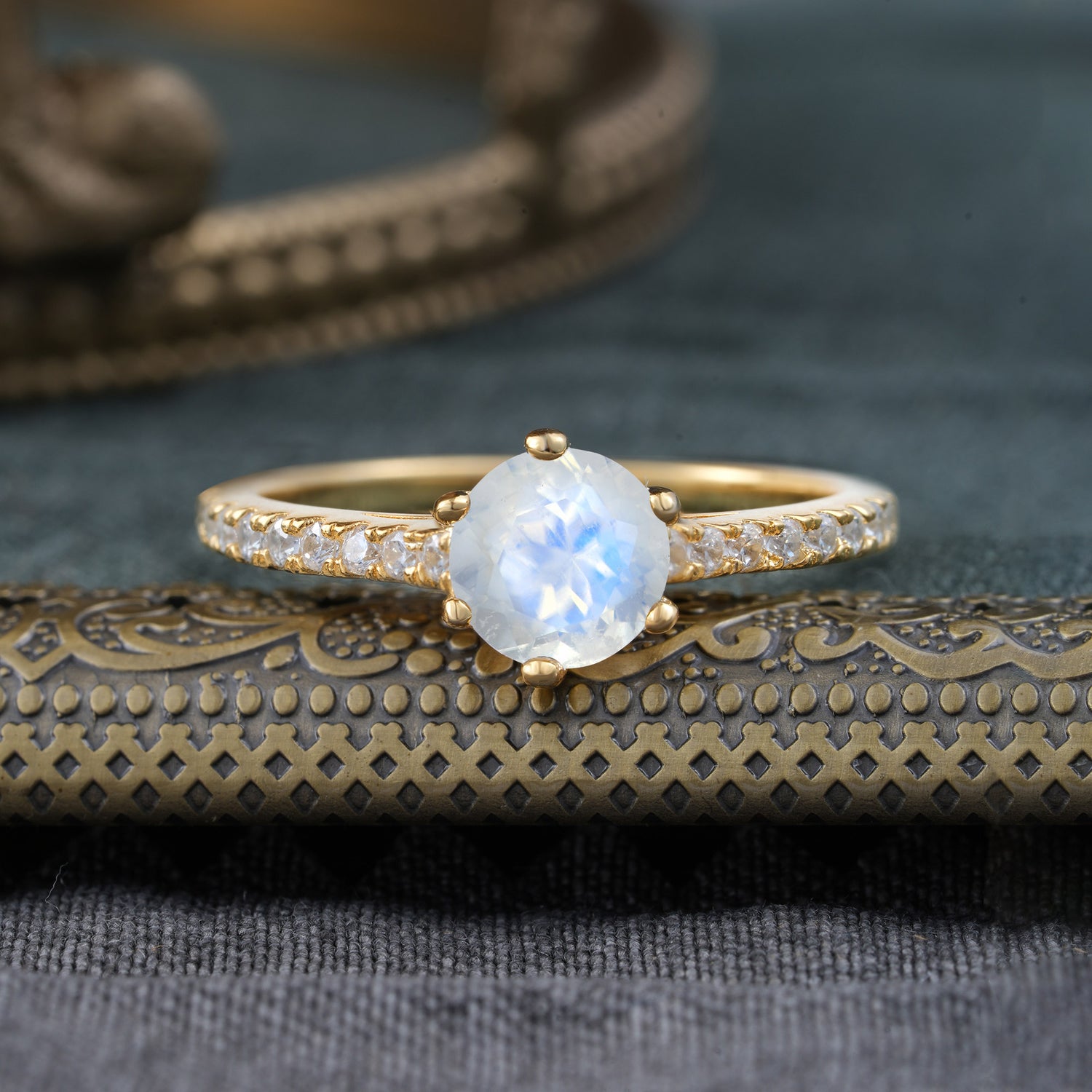Classic Round Cut Natural Moonstone Engagement Ring Pave Bridal Ring