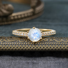 Classic Round Cut Natural Moonstone Engagement Ring Pave Bridal Ring