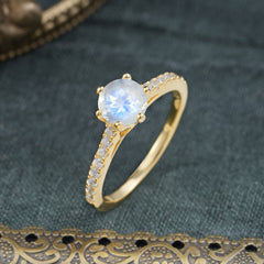 Classic Round Cut Natural Moonstone Engagement Ring Pave Bridal Ring
