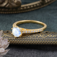 Classic Round Cut Natural Moonstone Engagement Ring Pave Bridal Ring