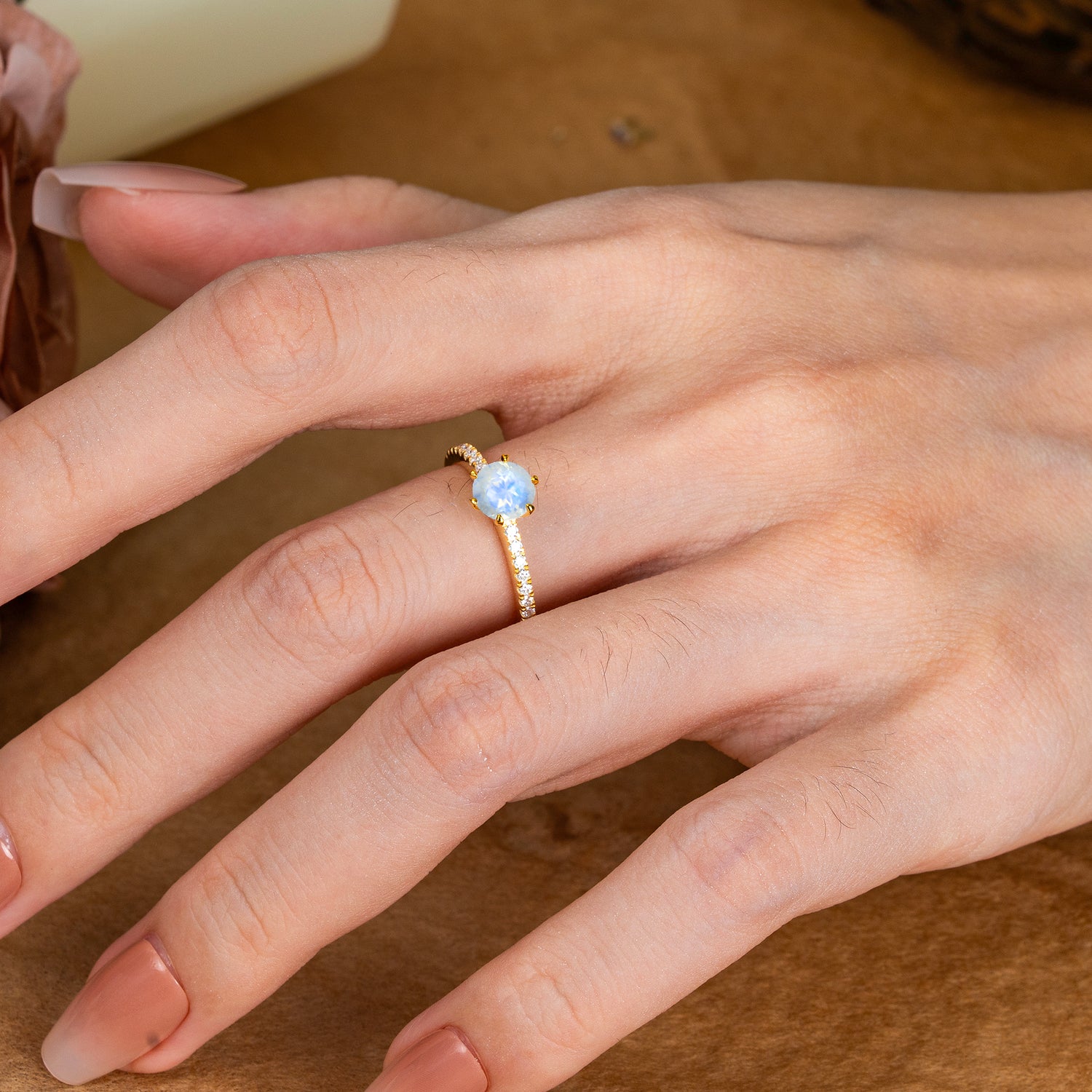 Classic Round Cut Natural Moonstone Engagement Ring Pave Bridal Ring