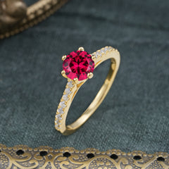 6-Prong Classic Round Cut Ruby Engagement Ring Pave Bridal Ring
