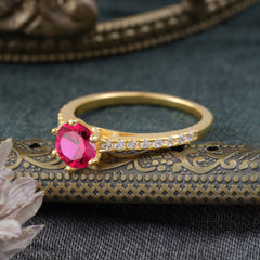 6-Prong Classic Round Cut Ruby Engagement Ring Pave Bridal Ring