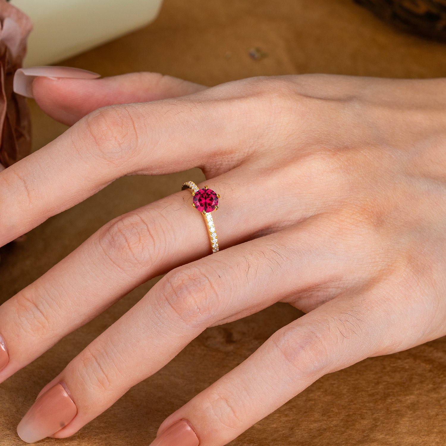 6-Prong Classic Round Cut Ruby Engagement Ring Pave Bridal Ring