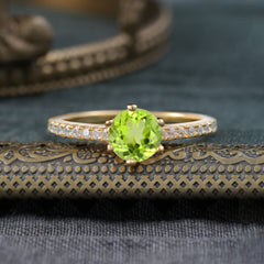 6-Prong Classic Round Cut Peridot Engagement Ring Pave Bridal Ring