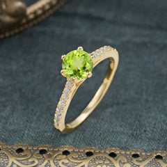 6-Prong Classic Round Cut Peridot Engagement Ring Pave Bridal Ring