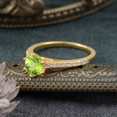 6-Prong Classic Round Cut Peridot Engagement Ring Pave Bridal Ring