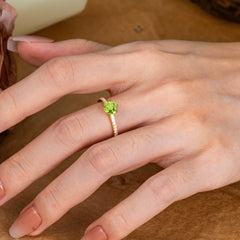 6-Prong Classic Round Cut Peridot Engagement Ring Pave Bridal Ring