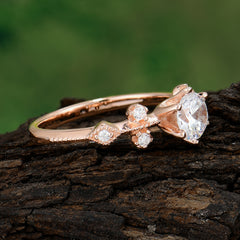 Round Cut Moissanite Engagement Ring Unique Distance Band Ring