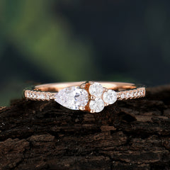 Pear Shaped Moissanite Promise Wedding Band Ring with Three Round Stone