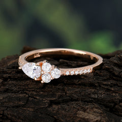 Pear Shaped Moissanite Promise Wedding Band Ring with Three Round Stone