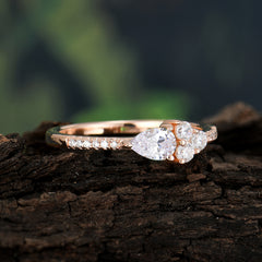 Pear Shaped Moissanite Promise Wedding Band Ring with Three Round Stone