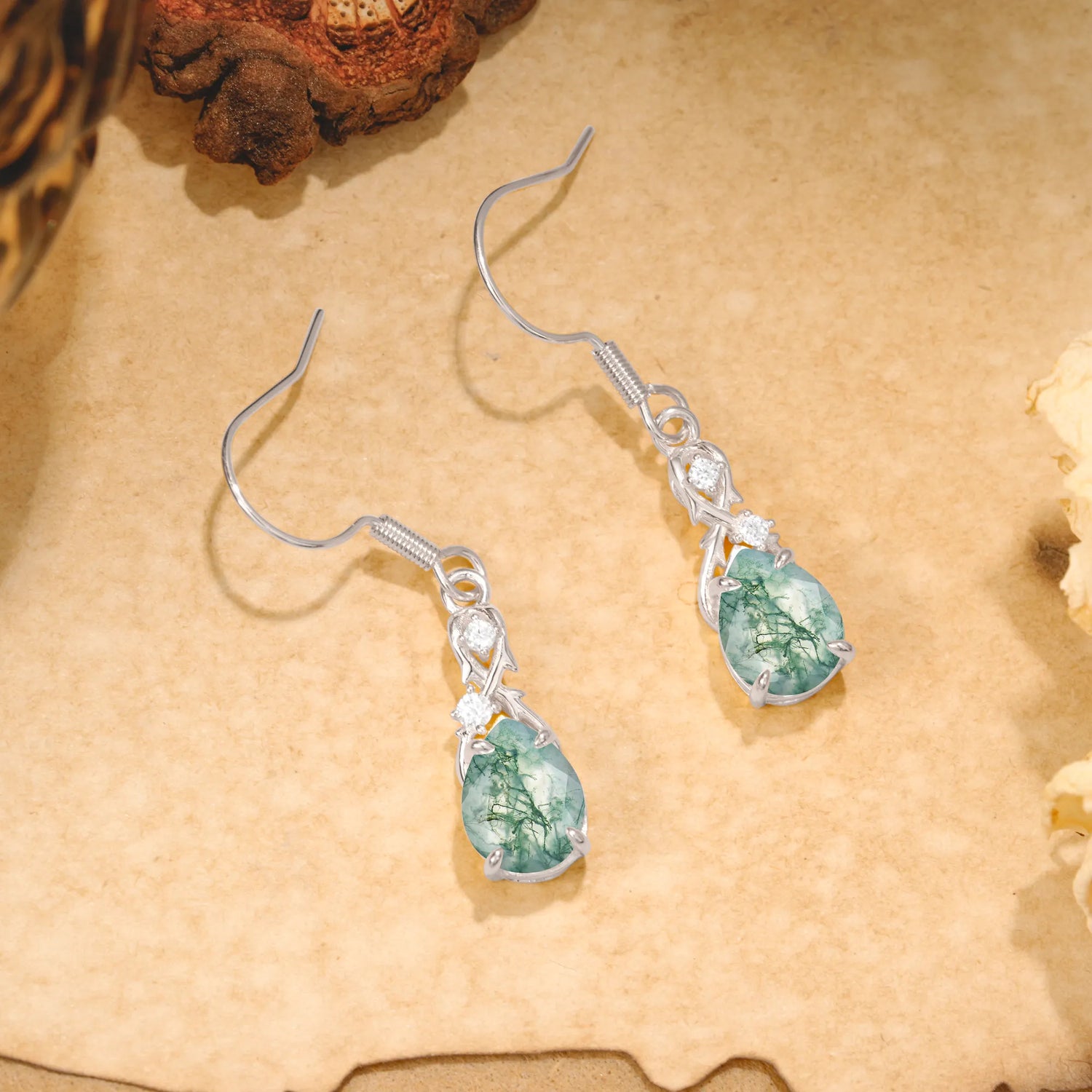 Elegant Pear Cut Natural Moss Agate Earrings