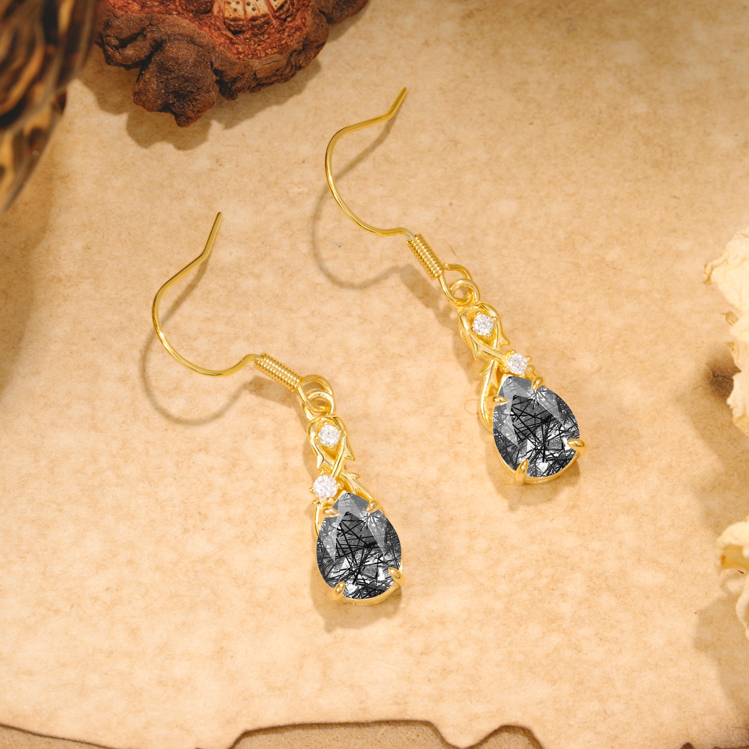 Elegant Pear Cut Black Rutilated Quartz Earrings