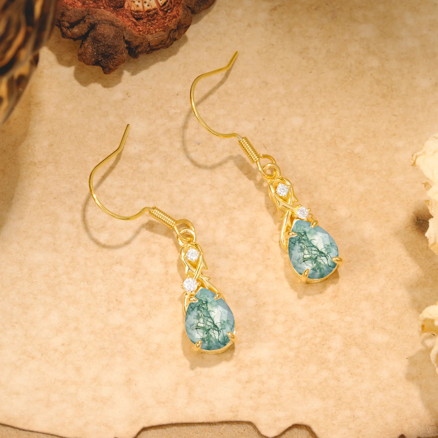 Elegant Pear Cut Natural Moss Agate Earrings