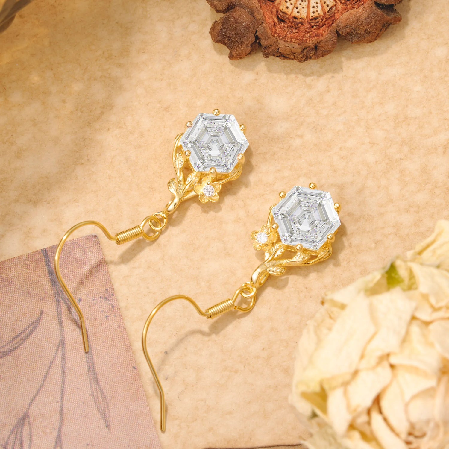 Hexagon Cut Moissanite Drop Earrings with Floral Detail