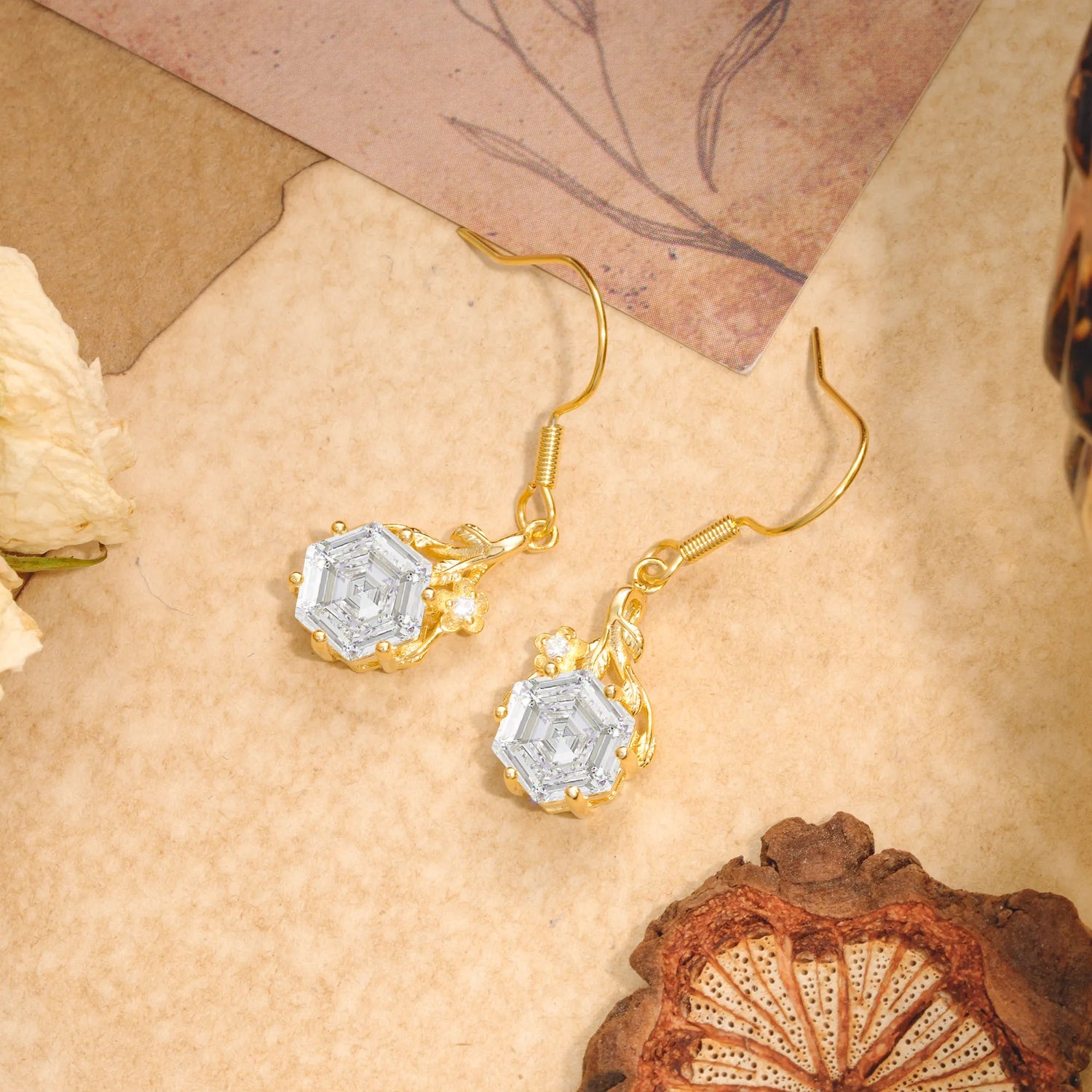 Hexagon Cut Moissanite Drop Earrings with Floral Detail