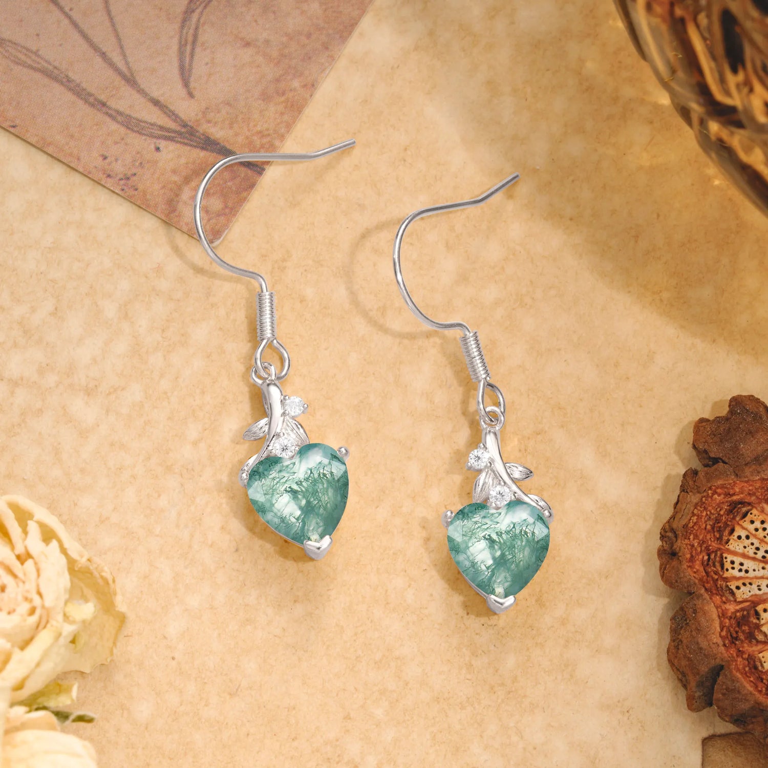 Elegant Heart Shape Moss Agate Drop Earrings in Gold with Delicate Leaf Accent