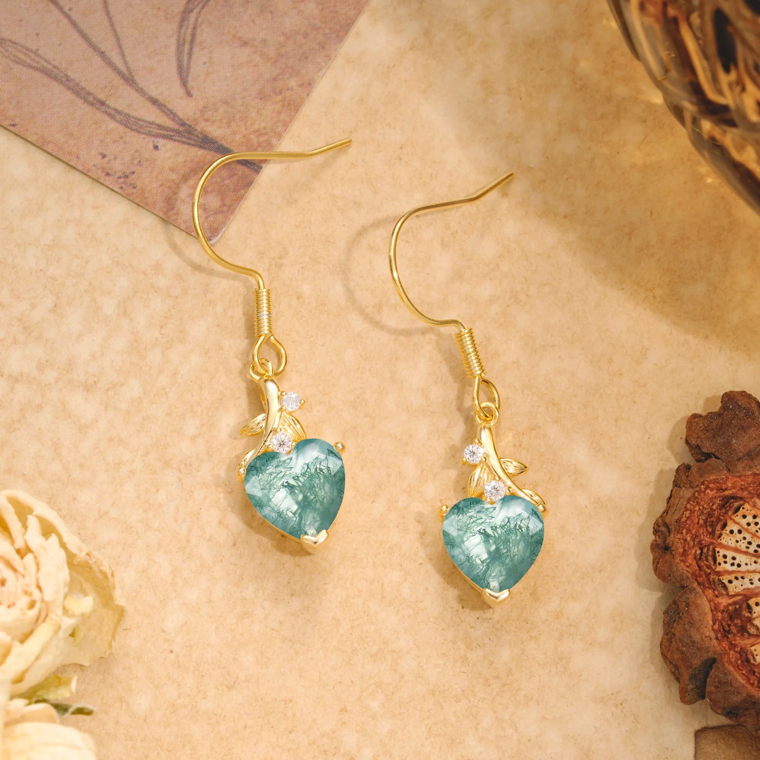 Elegant Heart Shape Moss Agate Drop Earrings in Gold with Delicate Leaf Accent