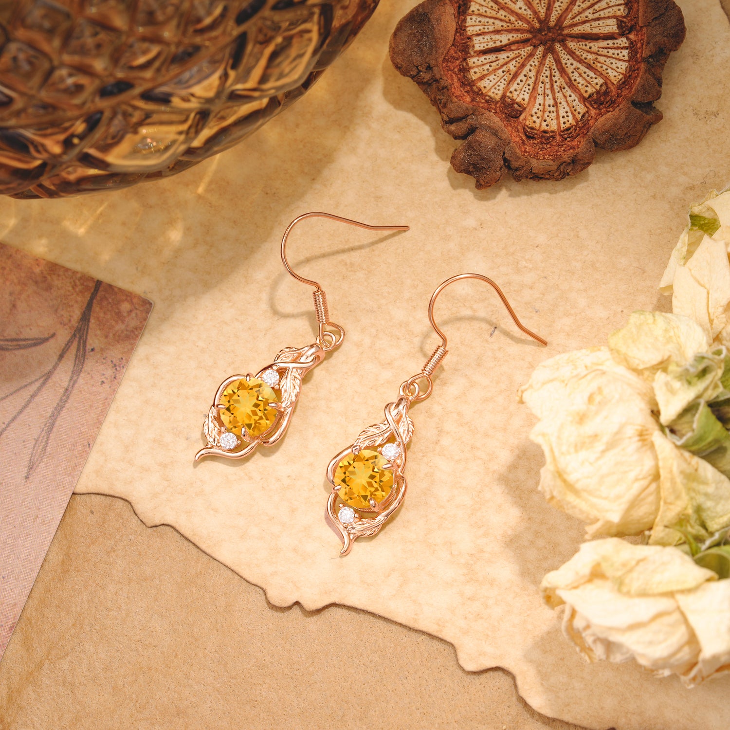 Luxury Round Cut Citrine Earrings with Leaf Wrap Design
