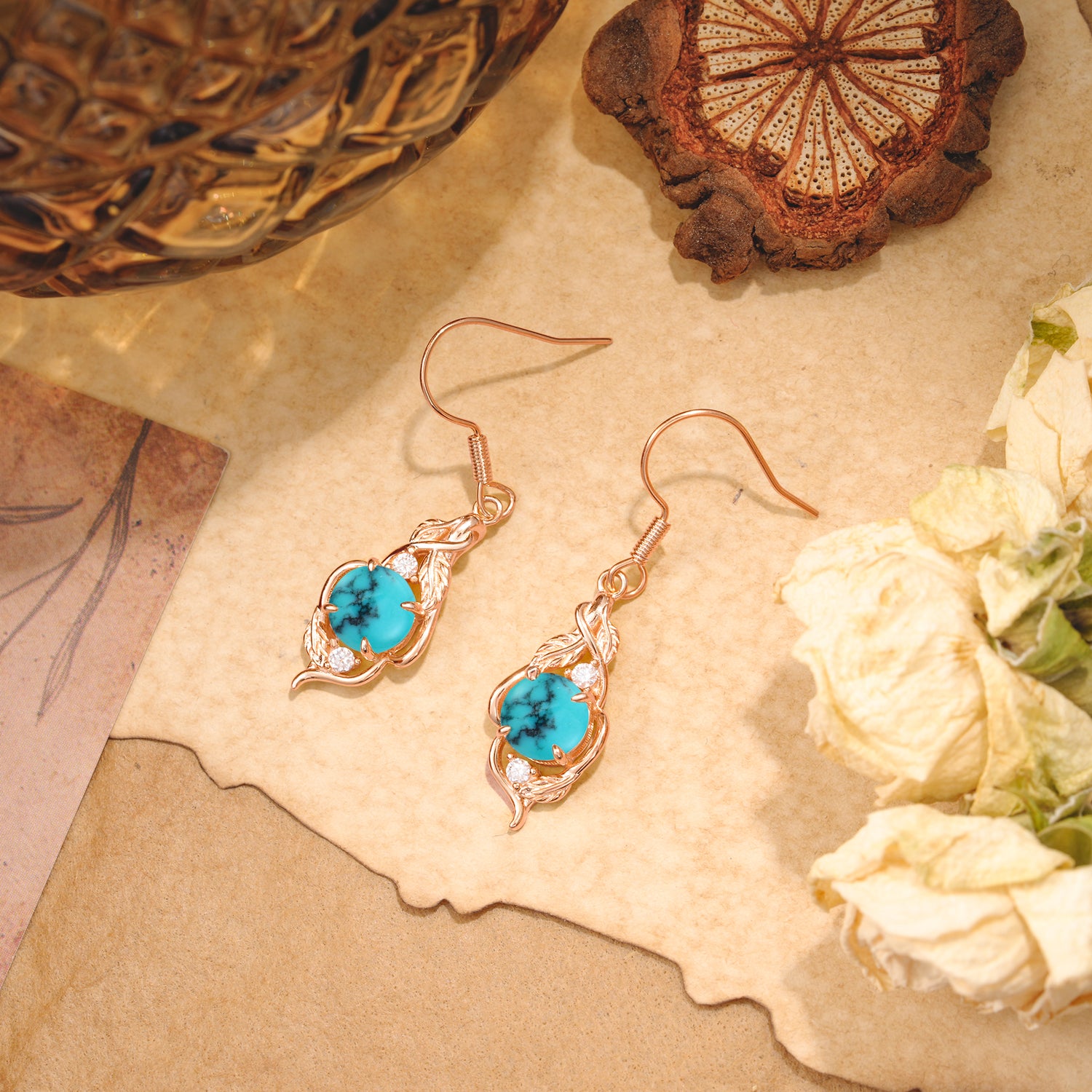 Luxury Round Cut Turquoise Earrings with Leaf Wrap Design