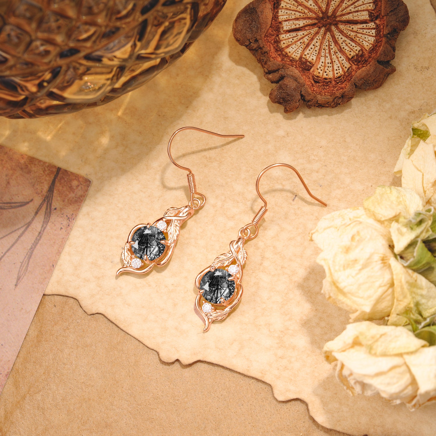 Luxury Round Cut Black Rutilated Quartz Earrings with Leaf Wrap Design