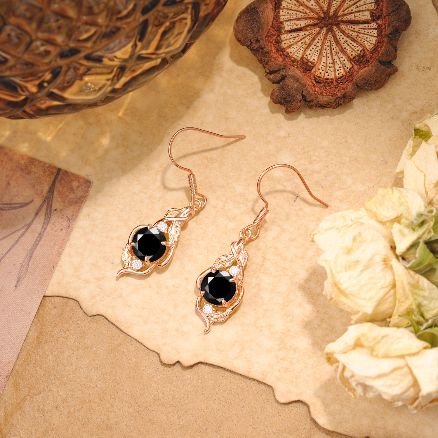 Luxury Round Cut Black Onyx Earrings with Leaf Wrap Design - Romalar Jewelry