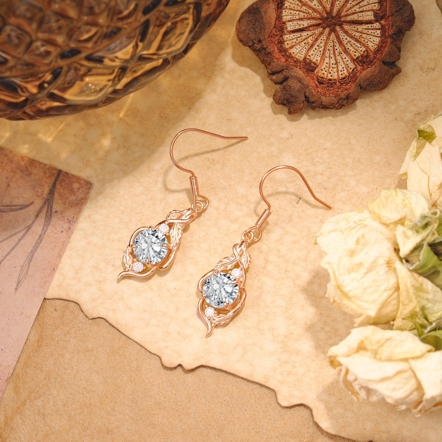 Luxury Round Cut Lab Diamond Earrings with Leaf Wrap Design