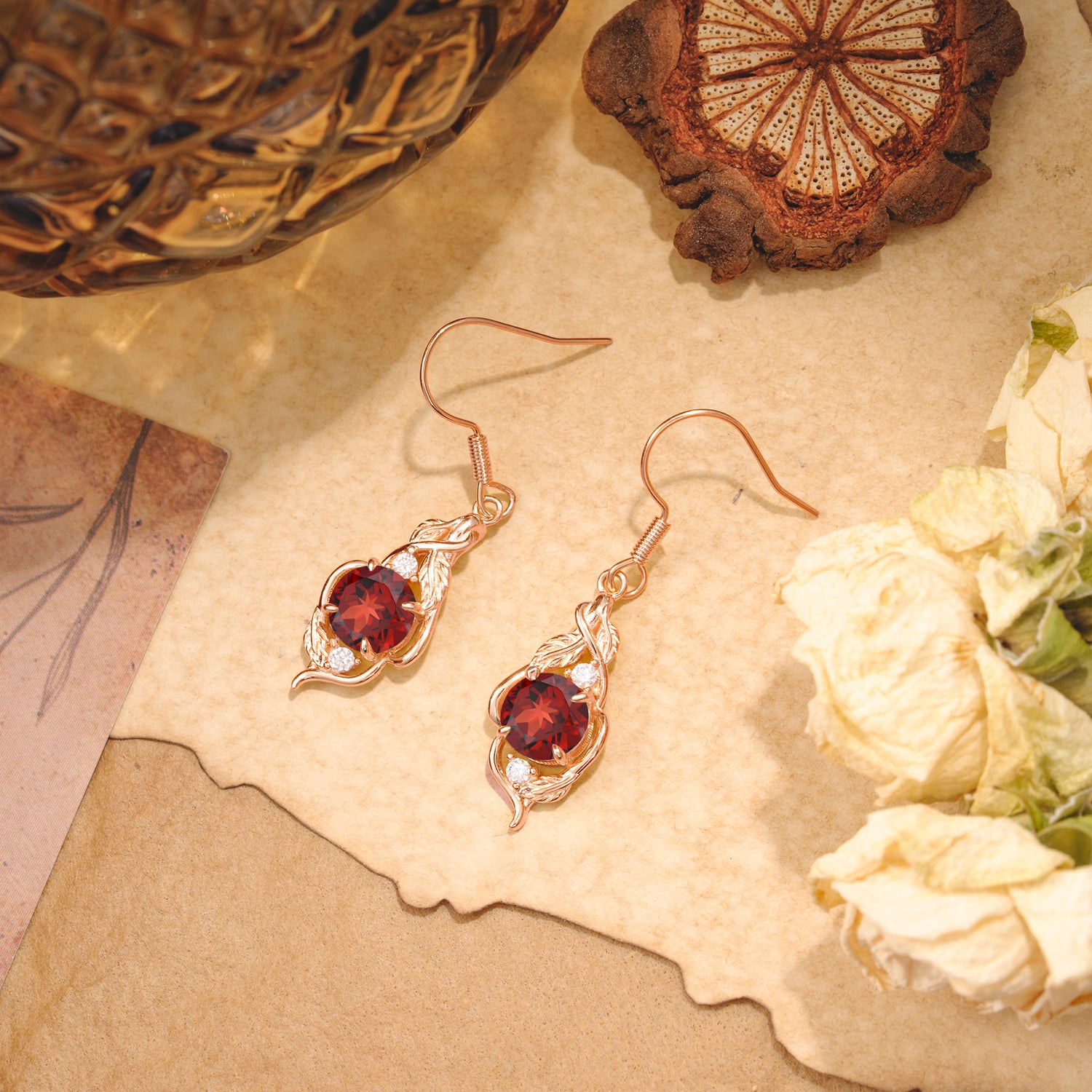 Luxury Round Cut Garnet Earrings with Leaf Wrap Design - Romalar Jewelry