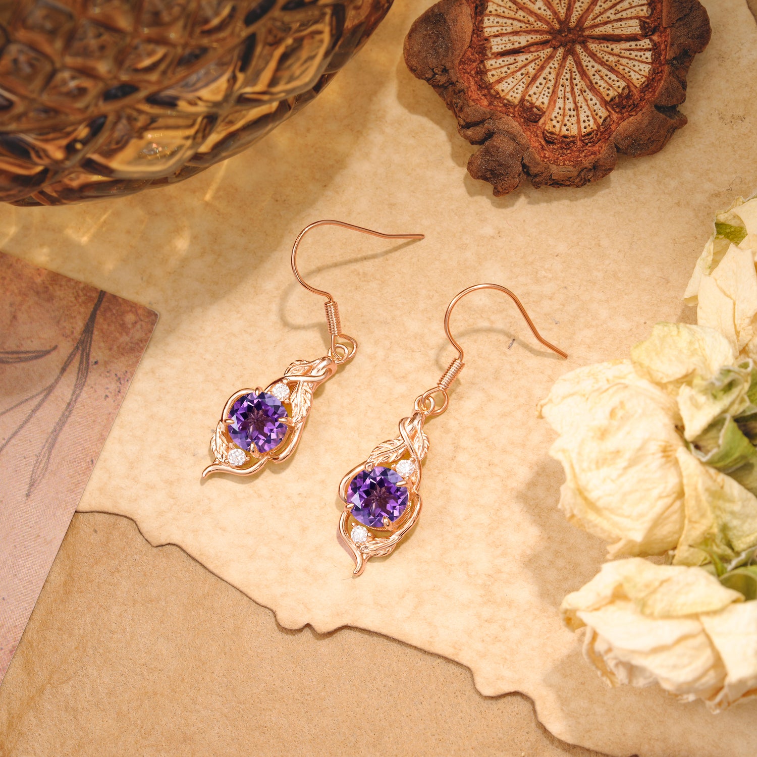 Luxury Round Cut Amethyst Earrings with Leaf Wrap Design - Romalar Jewelry