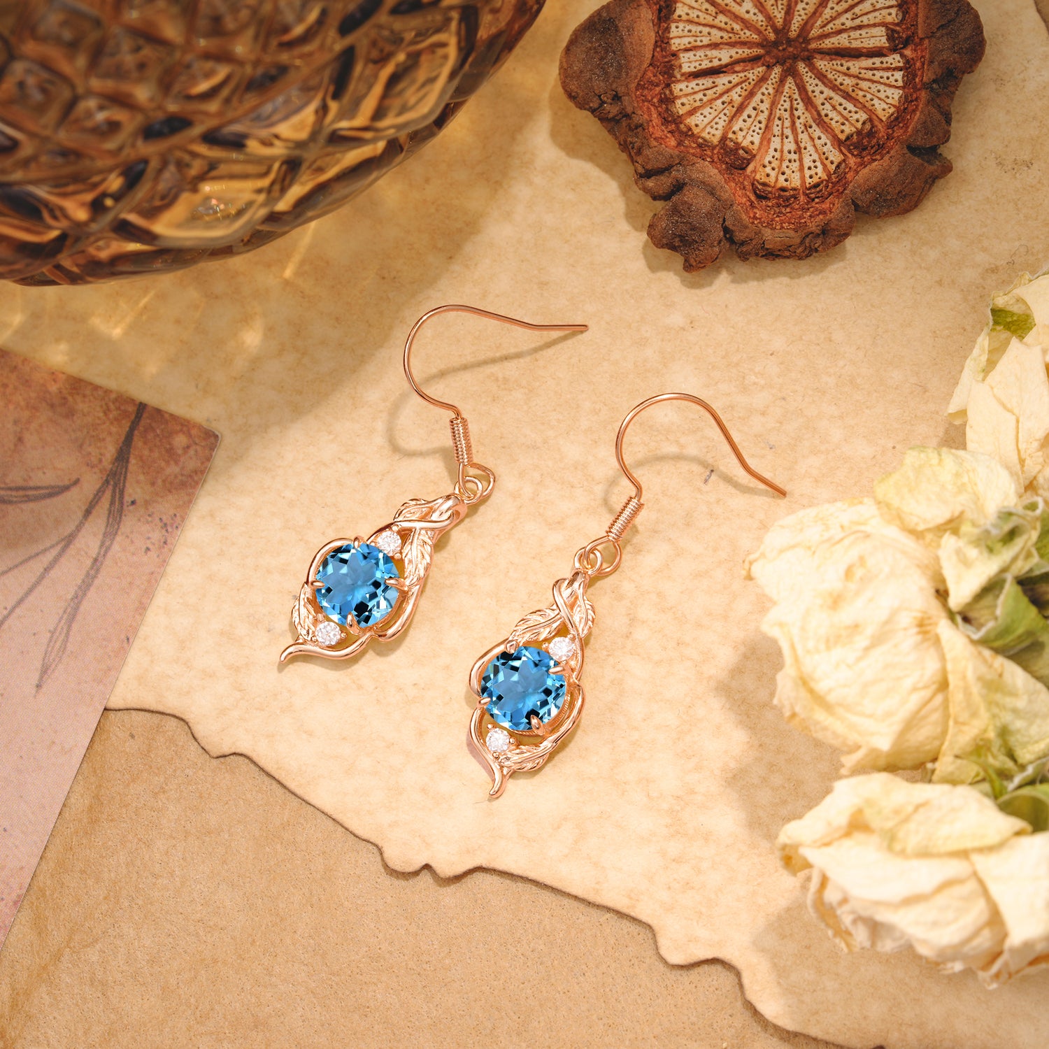 Luxury Round Cut Aquamarine Earrings with Leaf Wrap Design - Romalar Jewelry