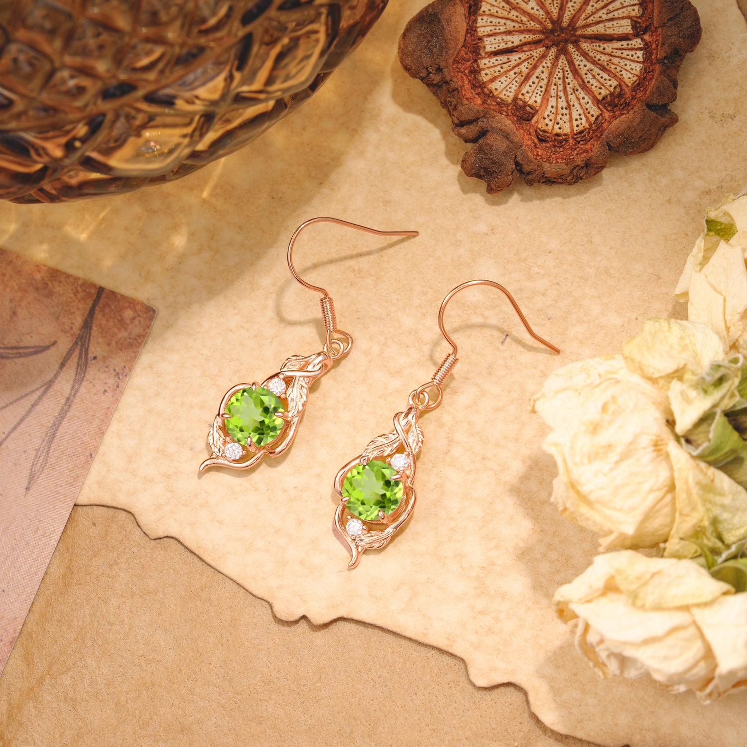 Luxury Round Cut Peridot Earrings with Leaf Wrap Design - Romalar Jewelry
