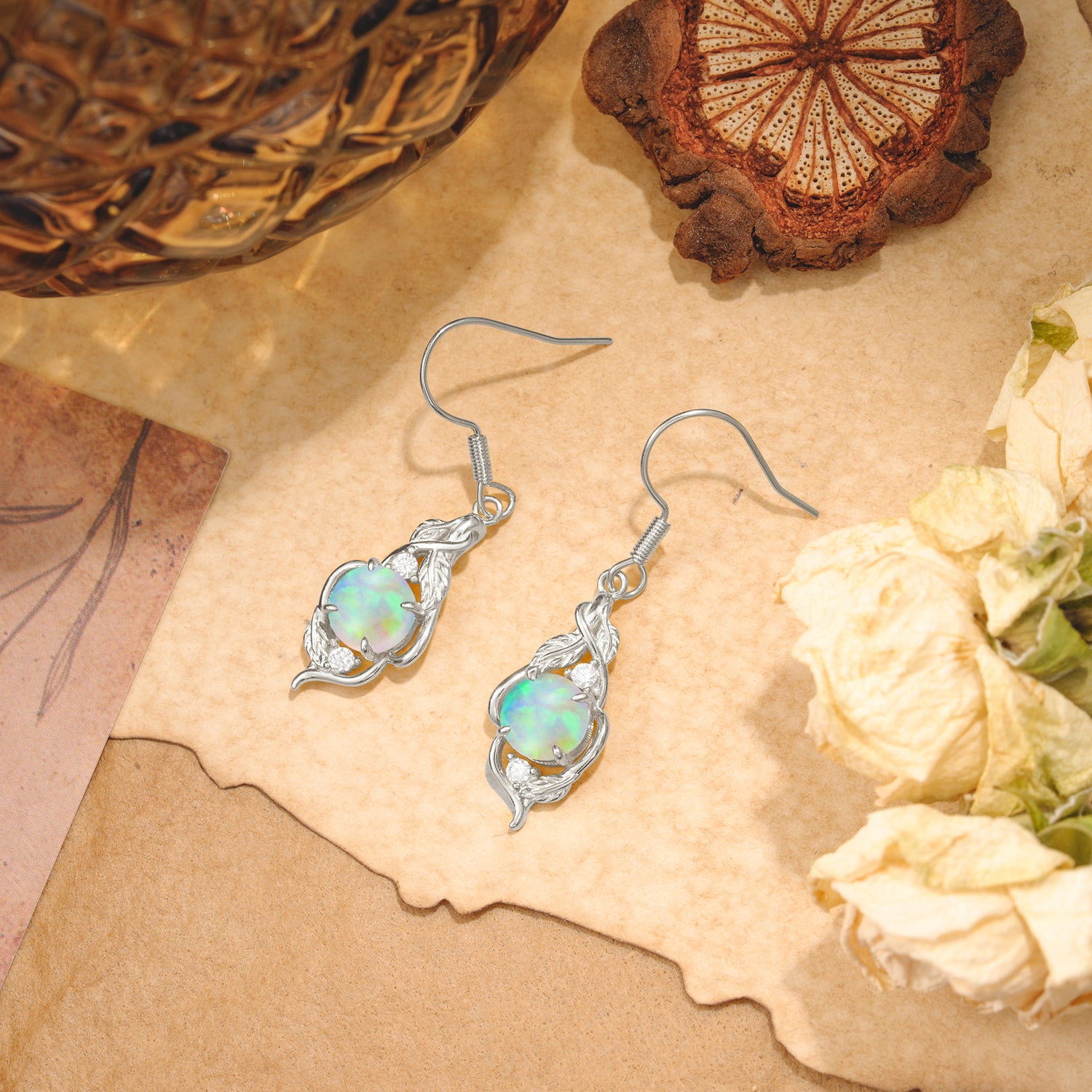Luxury Round Cut Opal Earrings with Leaf Wrap Design
