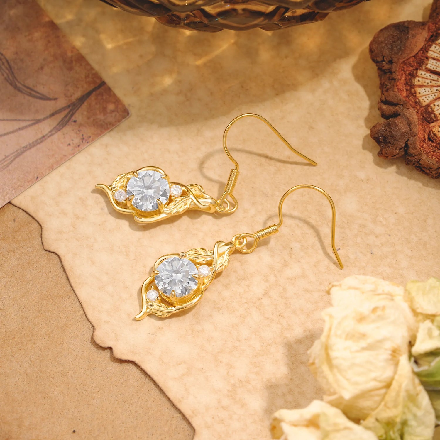 Luxury Round Cut Moissanite Earrings with Leaf Wrap Design