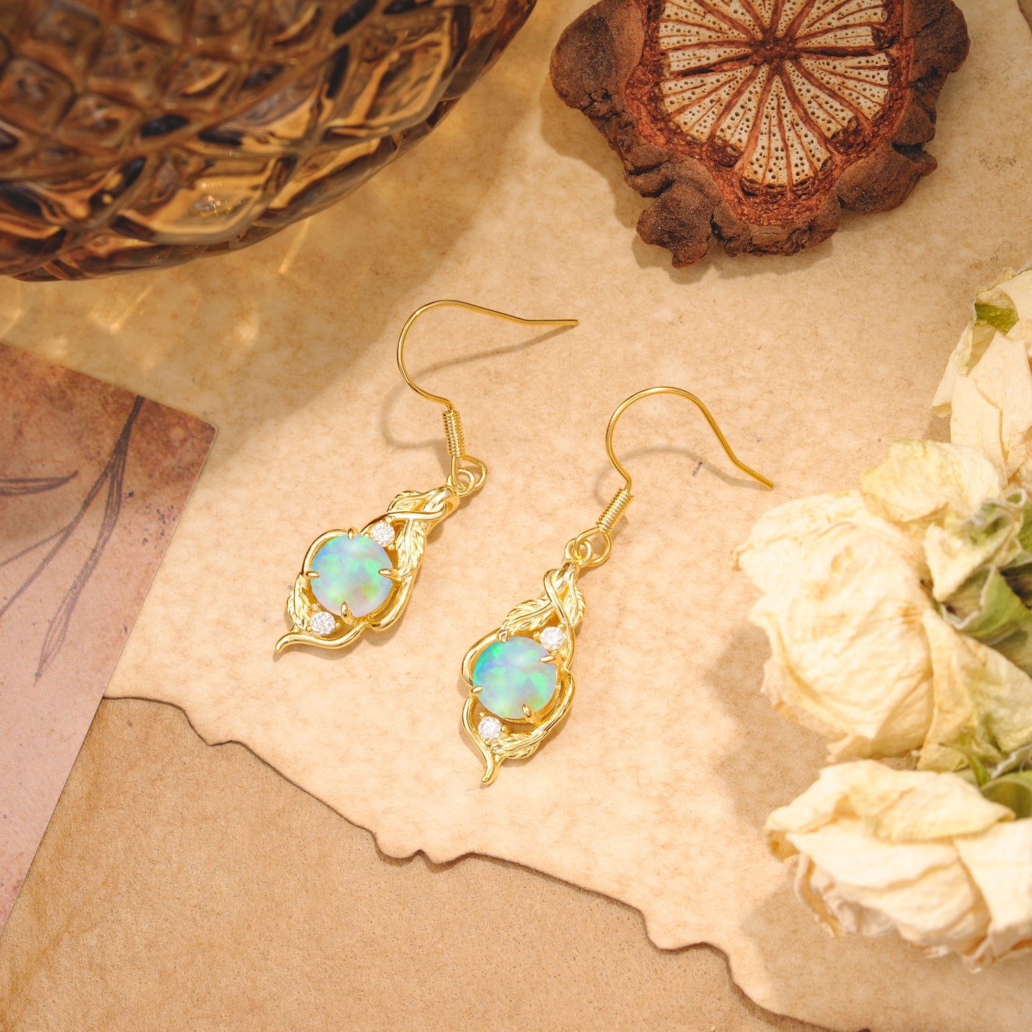 Luxury Round Cut Opal Earrings with Leaf Wrap Design