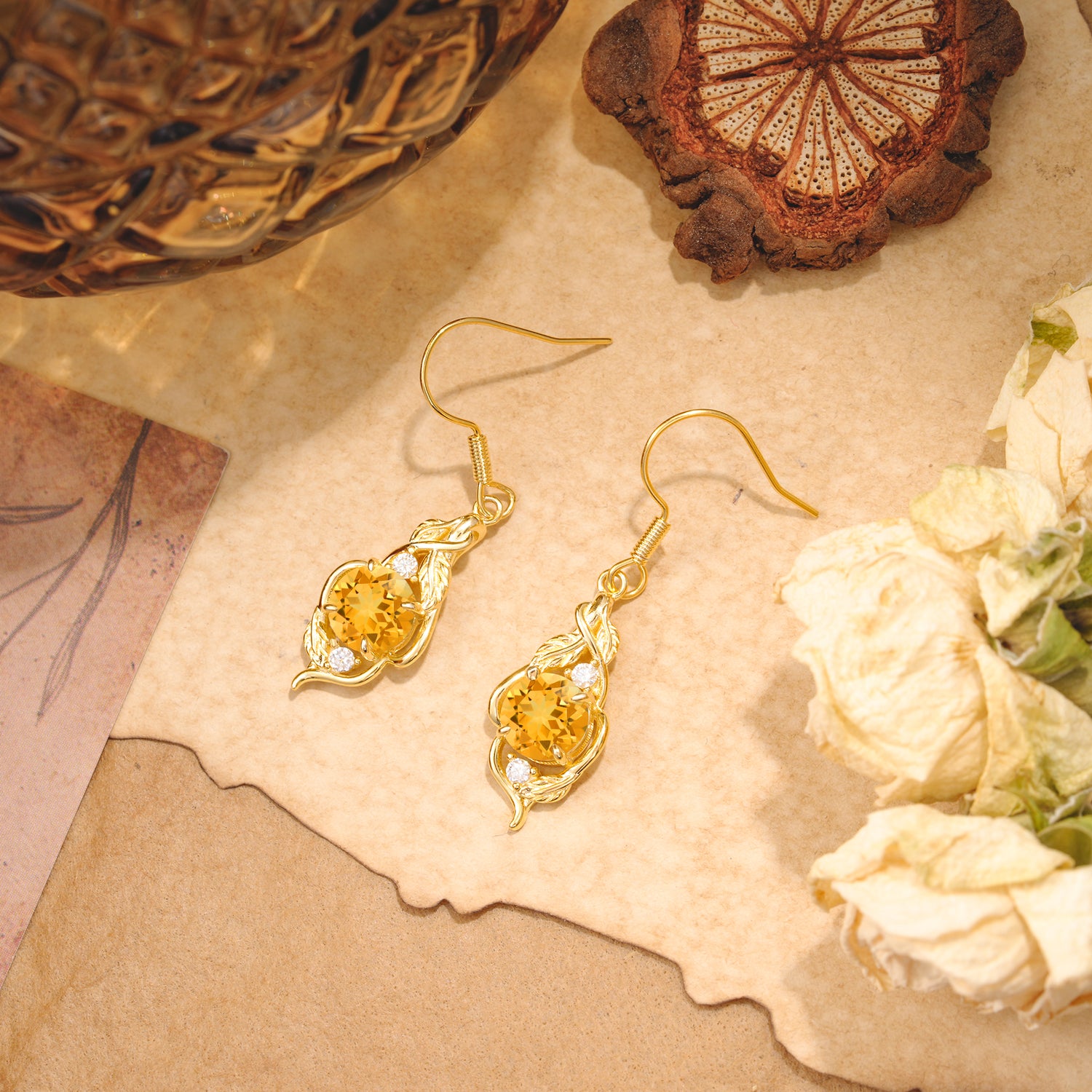 Luxury Round Cut Citrine Earrings with Leaf Wrap Design