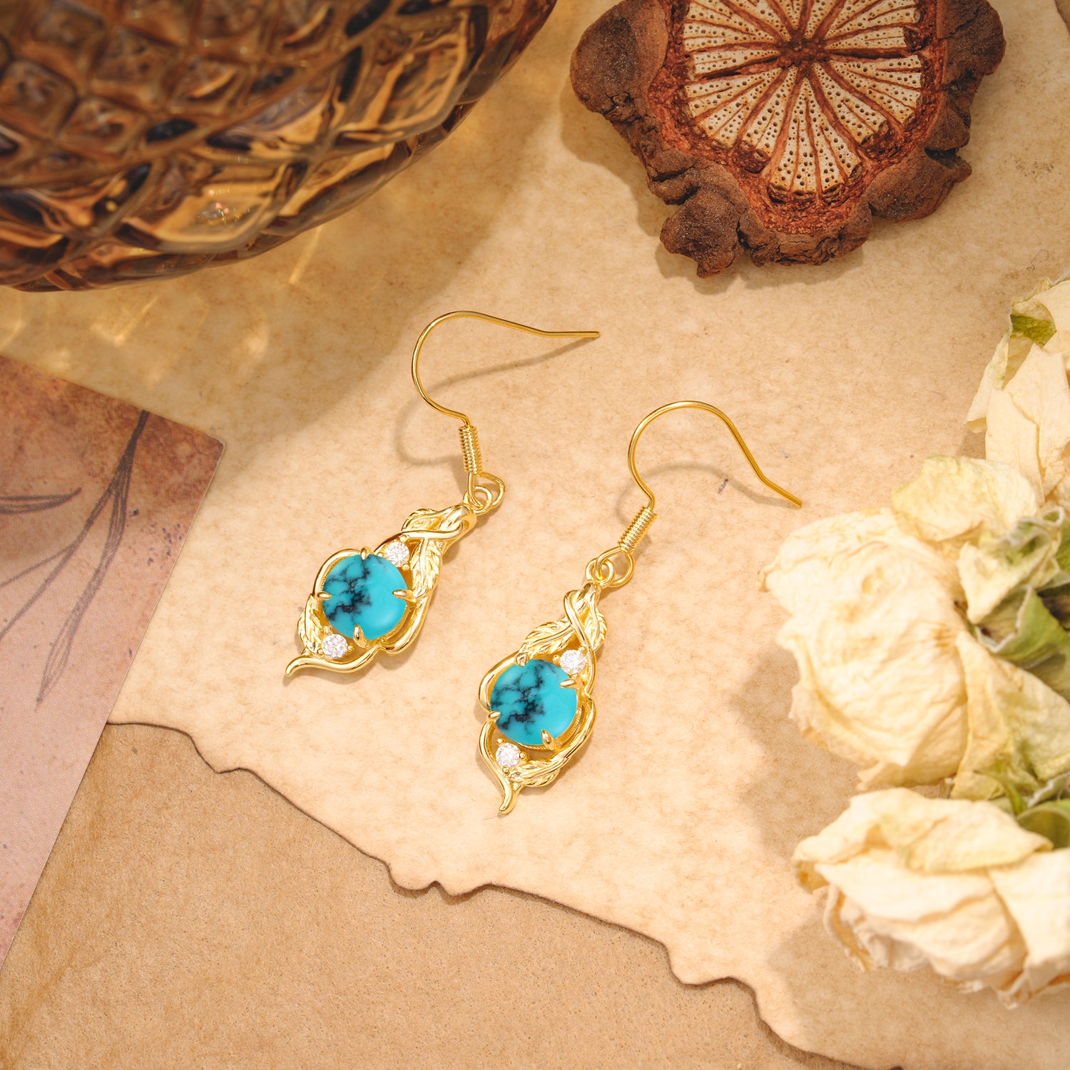 Luxury Round Cut Turquoise Earrings with Leaf Wrap Design