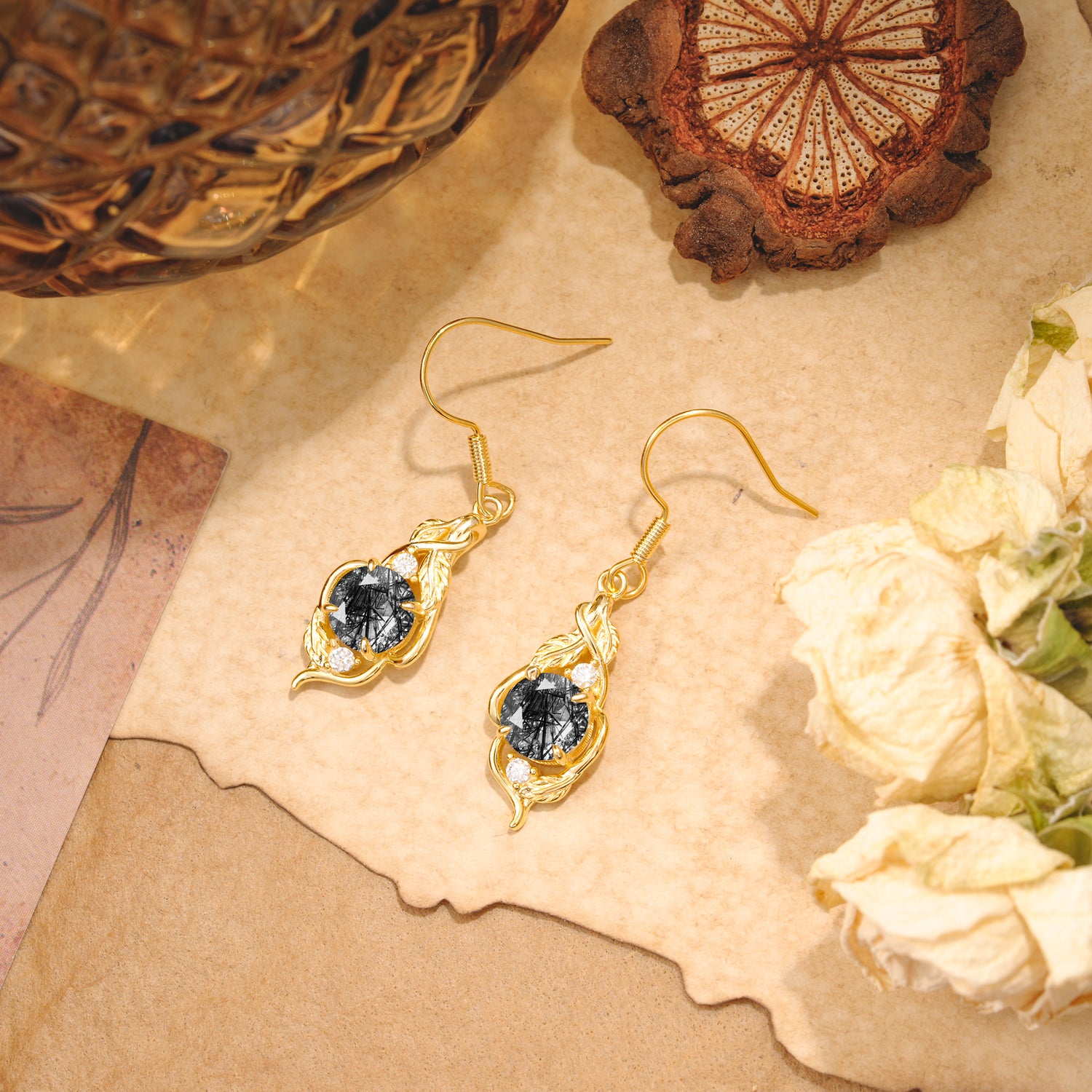 Luxury Round Cut Black Rutilated Quartz Earrings with Leaf Wrap Design