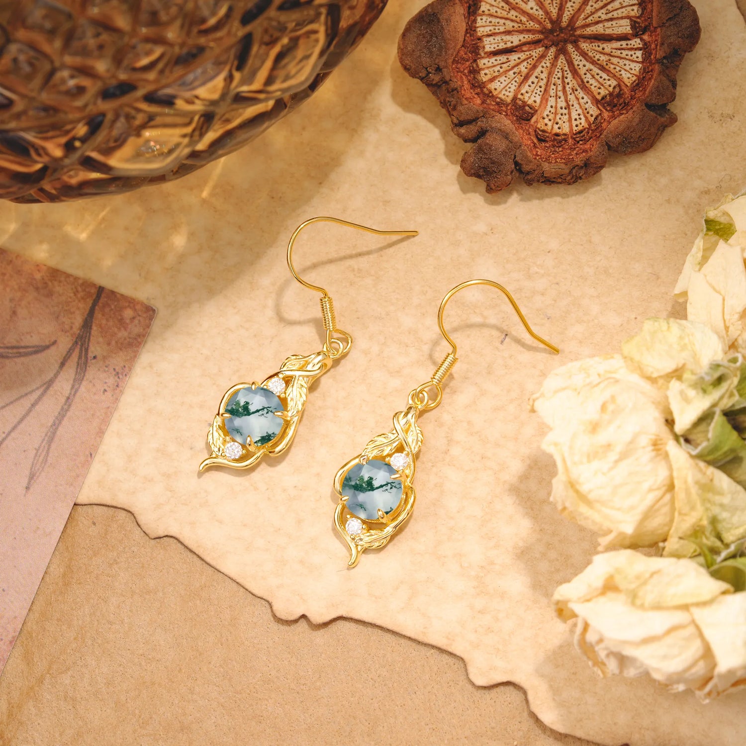 Luxury Round Cut Moss Agate Earrings with Leaf Wrap Design