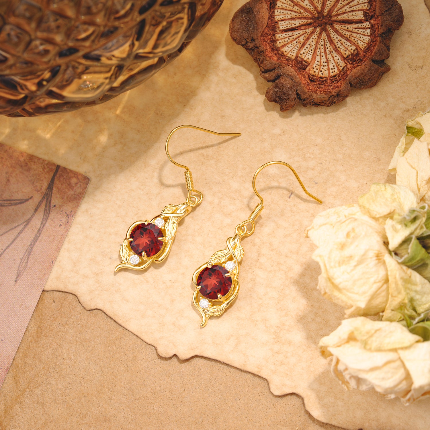Luxury Round Cut Garnet Earrings with Leaf Wrap Design - Romalar Jewelry