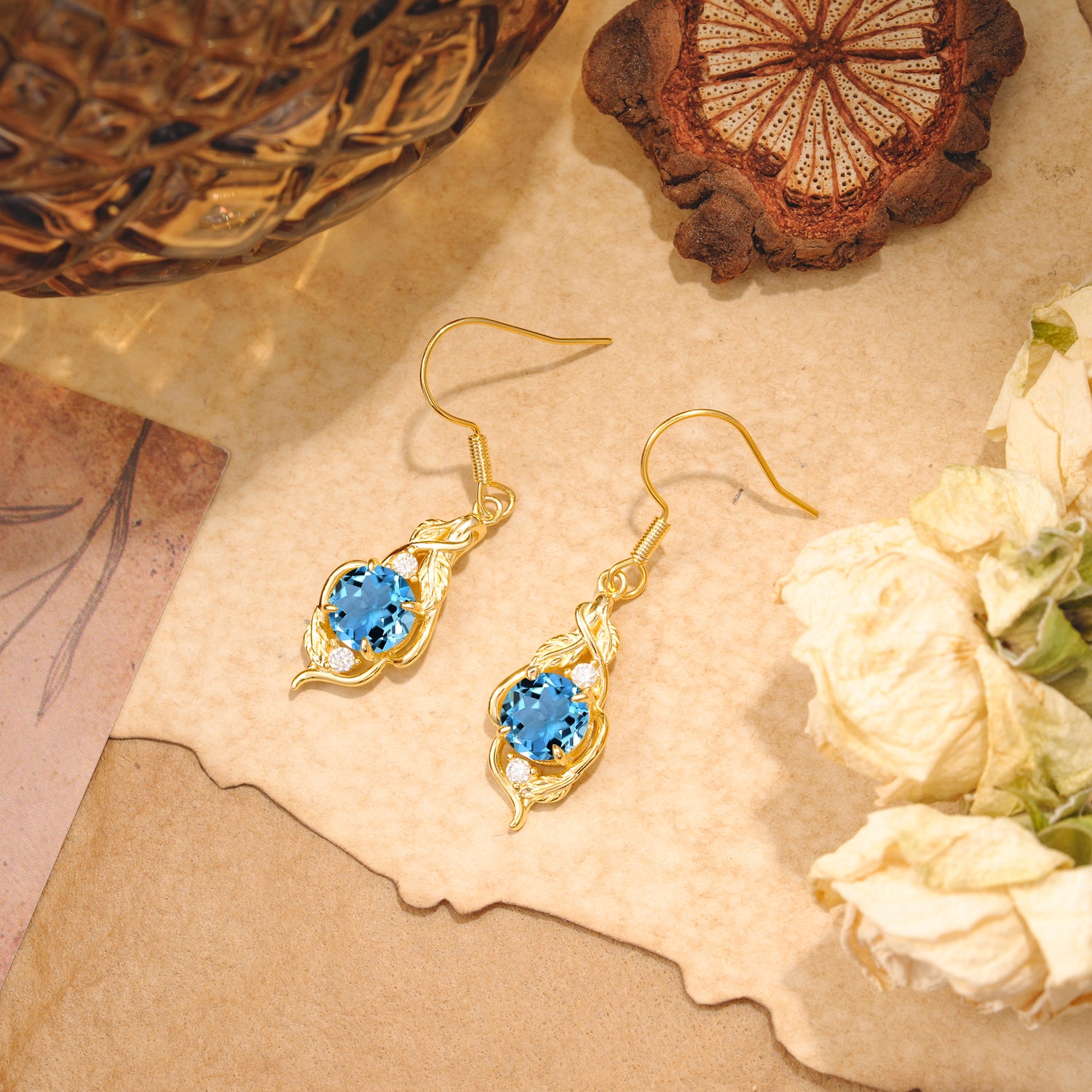 Luxury Round Cut Aquamarine Earrings with Leaf Wrap Design - Romalar Jewelry
