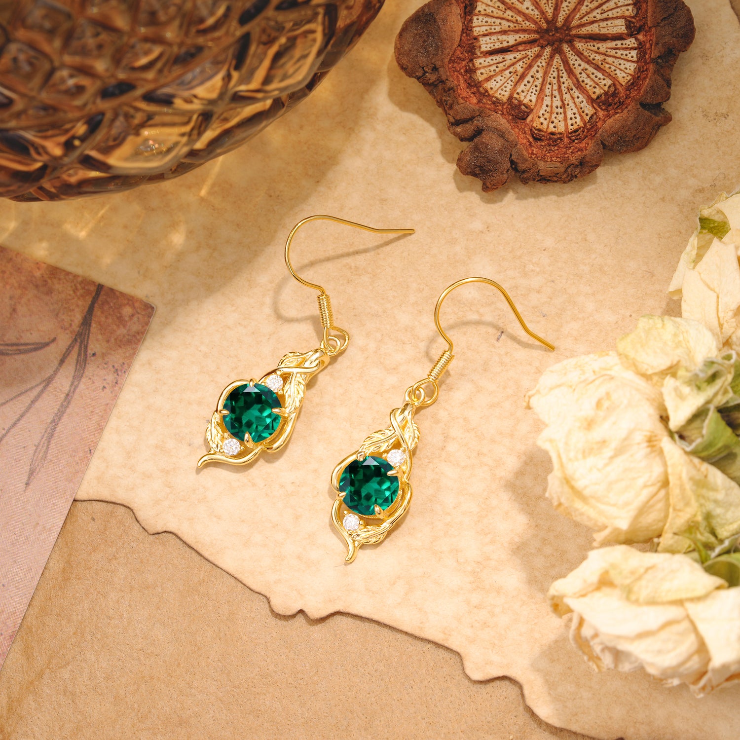 Luxury Round Cut Emerald Earrings with Leaf Wrap Design - Romalar Jewelry